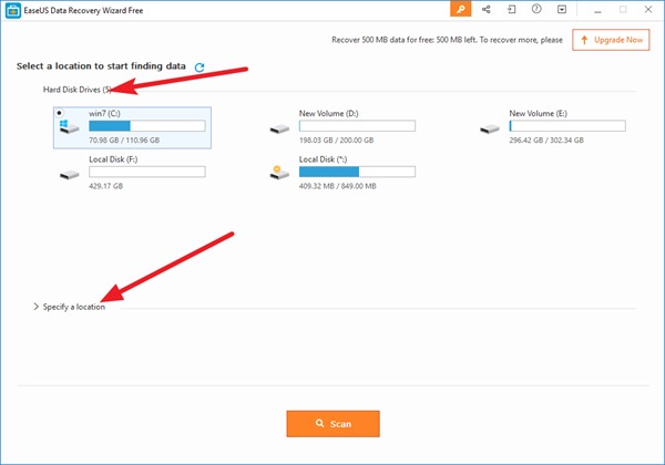 EaseUS Specify the location to start finding data