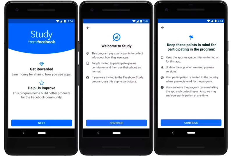 Screenshots of Facebook Study app