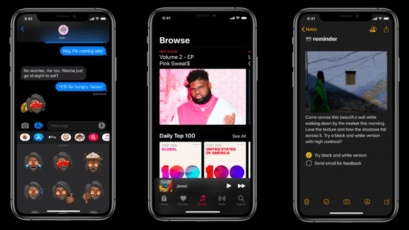 Notes, Apple Music, iMessages app on iOS13