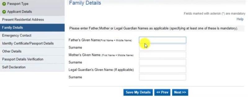 Family Details for Passport Seva