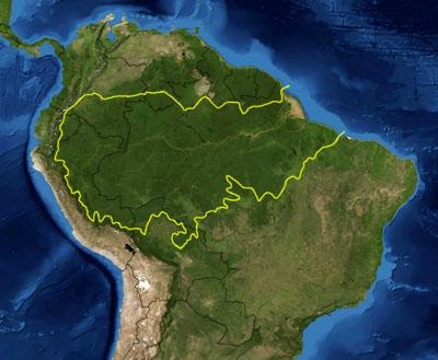 Amazonia, map the forest covers around 7,000,000 square kilometres of land 