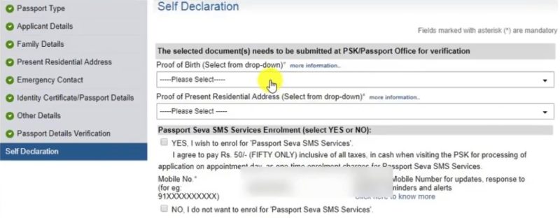 Self Declaration on Paspoert Seva Site